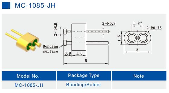 2-Pin Nail Head Diamter 0.3mm Pin Glass To Metal Hermetic Header With Gold Wire Bonding Surface MC-1085-JH